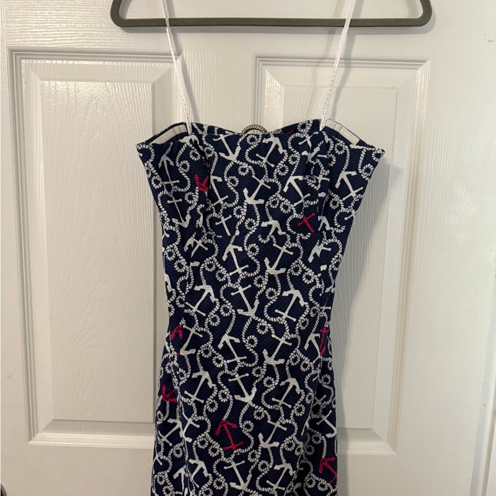 Lilly Pulitzer Strapless Dress in Navy and White with Anchor design. - Picture 6 of 8